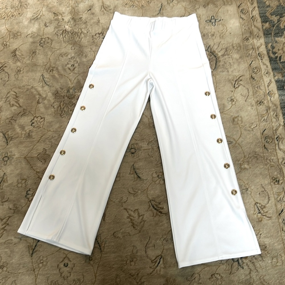 Soft Surroundings white wide leg pants with gold buttons down legs. Never worn.